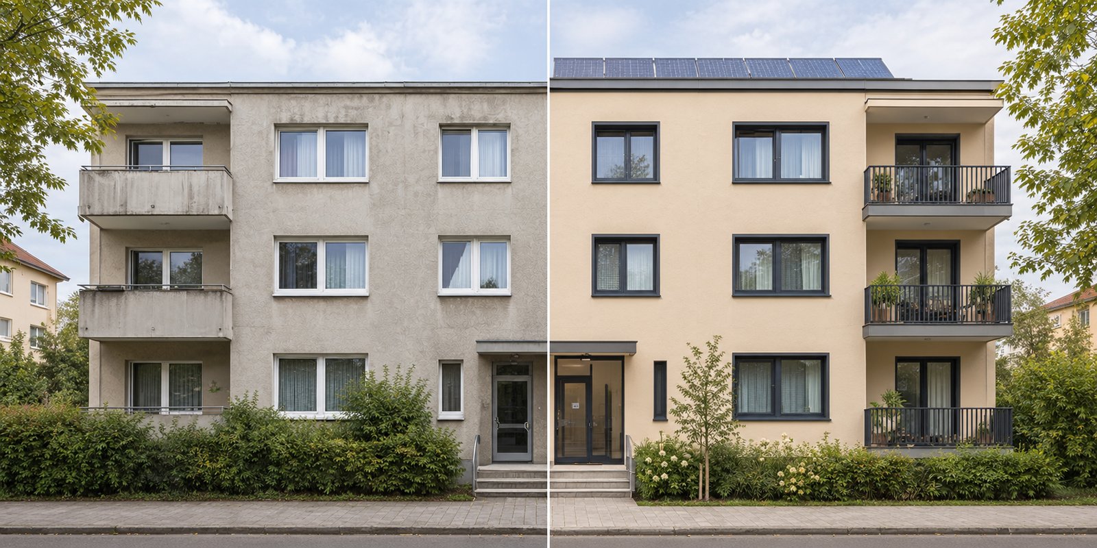 Wohngebäude vor und nach energetischer Sanierung — neue Fassadendämmung, Fenster und Photovoltaikanlage